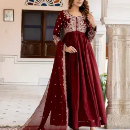 trendmalls Women's Silk Blend Embroidery Anarkali Kurta Pant Set with Dupatta image 2