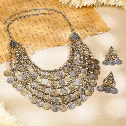 rubans Oxidised Silver & Gold Dual-Plated Multilayer Coin Statement Necklace Set for Women – for Festive & Ethnic Looks image 4