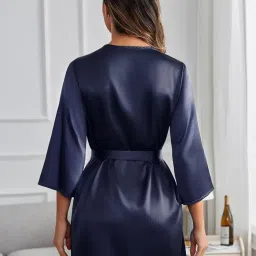 vaia Women's Satin Lace Trim Robe, 3/4 Sleeve Kimono, Short Length with Belt, Emerald Green image 4