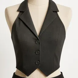 lahazat Apparels Women's Halter Neck Cropped Waistcoat Vest, Black, Button Front, Lapel Collar, Elegant Everyday Style image 4