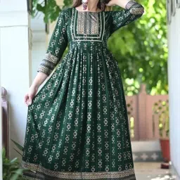 PREM Kurti Collection Women's Viscose Rayon Flared Gown with Gotta Patti Work | Gold Printed & Embroidered Anarkali Style Ethnic Dress image 1