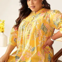 janasya Women's Plus Size Yellow Pure Cotton Tropical Printed A-line Tunic image 1
