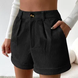 leriya fashion Women's High Waist Tailored Shorts, Ribbed Poly Lycra Blend Summer Shorts with Pockets & Button Closure, Elegant Folded Hem Casual Wear for College, Brunch & Daily Outings image 2