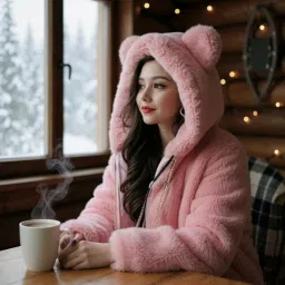 fennel Zip-Up Teddy Hoodie for Women & Girls | Fluffy Faux Fur Jacket with Bear Ears | Soft Black Fleece Sweatshirt | Cozy & Warm Winterwear | Stylish Casual Outerwear image 4
