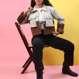 kaali peeli Two-Tone Corduroy Cropped Jacket, Ivory and Brown, Button Front, Collared Neckline, Casual Style image 3