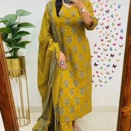veqreqmeq Women's Cotton Trending Anarkali Printed Kurta with Pants and Dupatta Set | Ethnic Set (Mustard) image 2
