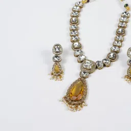 shree sakhi Modern Yellow Hydro Glass Stone Necklace with Moissanite | Brass Base | Gold Finish | Elegant Designer Jewelry for Parties & Festive Occasions image 2