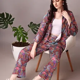 rafakha Shimmer Satin Printed & Straight Cut/Wide/Kimono Sleeves Co ord Set | Full Pant Shirt Suit for Women for Casual & Outing image 3