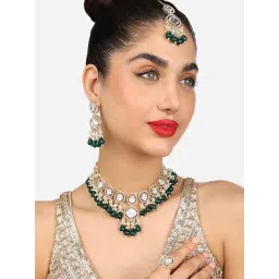 zaveri pearls Green Bead Dazzling Stones Embellished Choker Necklace Earring Maangtikka & Ring Set For Women-ZPFK17792 image 1