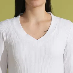 globus Women V-Neck Ribbed Long Sleeves Side Slit Top & Fully Elasticated Ankle Length Trouser Co-ord Set image 3