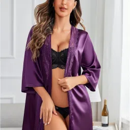 leorbix Women’s Satin Nightwear Robe | Short Kimono with Black Lace Trim and Belt – Elegant 3/4 Sleeve Sleepwear for Bridal, Honeymoon & Daily Lounge Wear image 3