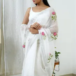 sijileen Kota Doria Cotton Saree with Embroidery Floral Design, Silver Zari Border, Blouse Included image 1