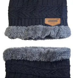 Winter Woolen Cap and Muffler Scarf Set for Men & Women | Warm Fleece Lined Beanie Cap with Neck Warmer | Stylish Woolen Cap Set for Winter image 4