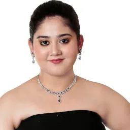 gemron jewel American Diamond Cut Rhodium-Plated Cubic Zirconia Necklace and Drop Earrings Set, AD Studded Jewellery (Pack Of 1) image 3