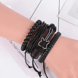 university trendz Black Base Metal Leather Funky Multistrand Guitar Charm Bracelet for Men & Boys (Set of 4) (Multi Color) image 4