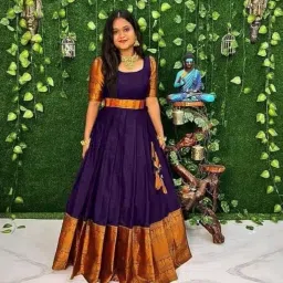 thapnath Women's Traditional Long Anarkali Gown, Black with Copper Border, Floor Length image 1