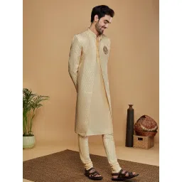 kisah Mens Kurta Sherwani Churidar Set Silk Blend Jacquard, Indo-Western Ethnic Wear for Men, Cream image 1