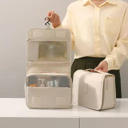 Travel Makeup Cosmetic Organizer Pouch Bag with Handle, Large Capacity Translucent Waterproof Travel Storage image 1