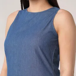 globus Women Round Neck Sleeveless Knee Length A-Line Denim Dress image 3