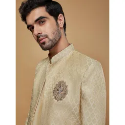 kisah Mens Kurta Sherwani Churidar Set Silk Blend Jacquard, Indo-Western Ethnic Wear for Men, Cream image 5
