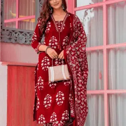 parthvi Women's Pure Cotton Printed Straight Kurta Set with Palazzo Pants & Dupatta- Ethnic Wear, Green image 3