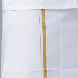 ramraj cotton full sleeve shirt with gold jari 1/2 inch border dhoti for men image 3