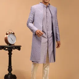 vastramay Mirror Work Front Open Sherwani Set with Pant Style Pyjama for Men – Elegant Ethnic Wear for Weddings & Festivals image 1