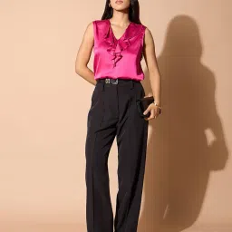 salt attire Jeyna Women's Hot Pink Satin Ruffle Neck Top | Sleeveless Solid Tank | Elegant Party image 2