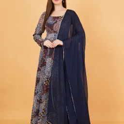 magnetism Designer Anarkali Dress with Dupatta, Navy Blue Paisley Print, Full Length Gown with Long Sleeves image 2