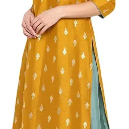 janasya Women's Mustard Silk Blend Gold Print Anarkali Ethnic Dress image 2