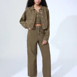 showoffff Women's Khaki Top and Jeans Co-Ords Set with Over Jacket-IM-11614-15-13_Khaki image 2