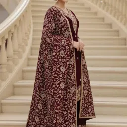 kind stitch Women's Premium Velvet Rich Maroon -Coloured Embroidered Straight Fit Kurta Pant & Dupatta set| Kashmiri Dupatta | Ethnic Wear|Sizes L TO XXL image 3