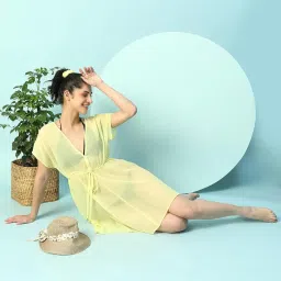 oxolloxo Women Solid V-Neck Short Sleeve Elasticated with Tie-Up Detail Knee-Length Beachwear Kaftan image 2