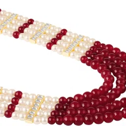 mahi Multi-Layer Artificial Pearl & Maroon Beads Necklace | Wedding Sherwani Jewellery for Men | Ethnic Dulha Haar for Marriage Ceremony (ML1103875G) image 2