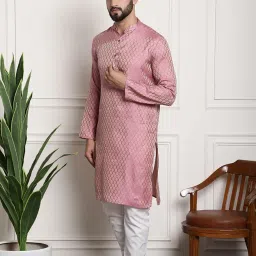 sojanya (Since 1958 Men's Jacq Silk Maroon Self Design Kurta & Off-White Churidar Pyjama Set image 1