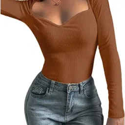 glare & blair Solid Sweetheart Neck Long Sleeves Regular Fit Casual Ribbed Tops for Women image 3
