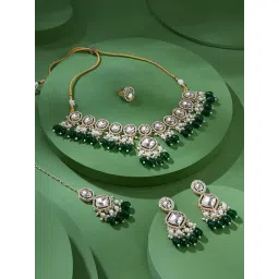 zaveri pearls Green Bead Dazzling Stones Embellished Choker Necklace Earring Maangtikka & Ring Set For Women-ZPFK17792 image 2