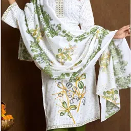 ANUSHEET Women's Unstitched Superfine Cotton Printed Suit Set with Mal Dupatta & Dyed Bottom | Floral Design with Silver Stone Work | Dress Material (Unstitch Suit Material) image 2