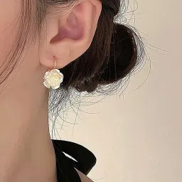 erimberate Bohemian Camellia Dangle Earrings White Enamel Camellia Flower Earrings White Acrylic Rose Drop Earring Small 3D Rose Flower Earring Jewelry for Women image 1