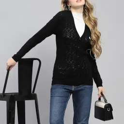 monte carlo Womens Self Design V Neck Wool Blend Cardigan Blue image 5