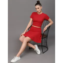 oomph! Women's Fit And Flare Mini Polyester Blend Two Piece Dress Coord Set Western - Plain+Plain image 4