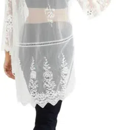 bedazzle | Women's Crochet Lace Swimsuit Cover Up Beach Kimono Dress | White FS image 2