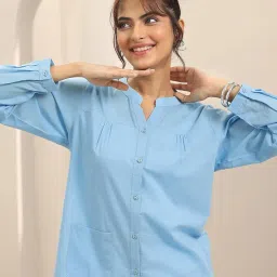 libas Blue Solid Pleated Shirt with Pocket and Solid Pyjamas Night Suit image 5