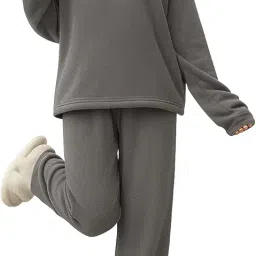 donson Women Thermal Warm Fleece Suit | Nightwear with Bottom | Short Zip (Grey) image 1