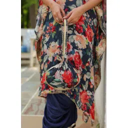 aaraas Women’s Kaftan and Pant Set with Matching Purse | Blue Floral Printed Kaftan Outfit with Embroidery for Festive, Party, and Casual Wear image 4