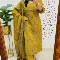 veqreqmeq Women's Cotton Trending Anarkali Printed Kurta with Pants and Dupatta Set | Ethnic Set (Mustard) image 3