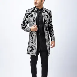 aesthelia Men's Black Indo Western 3 Piece Set - Embroidered Blazer with White Detailing, Black Inner and Trouser | Festive Ethnic Wear | Regular Fit image 1