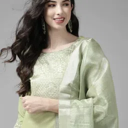 indo era Women's Cotton Yoke Design Straight Kurta Pant with Dupatta Set image 1