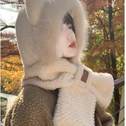 pinkit Winter Fleece Bear Hat & Neck Warmer Set for Women, 2-in-1 Windproof Beanie with Ear Covers, Thick Thermal Scarf, Soft Cycling Cap, (Free Size, Beige) image 2