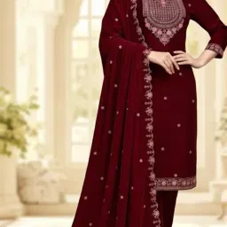 kind stitch Women's Premium Velvet Maroon-Coloured Embroidered Straight Fit Kurta Pant & Dupatta set | Velvet Dupatta | Ethnic | Dupatta Sizes L TO XXL image 4